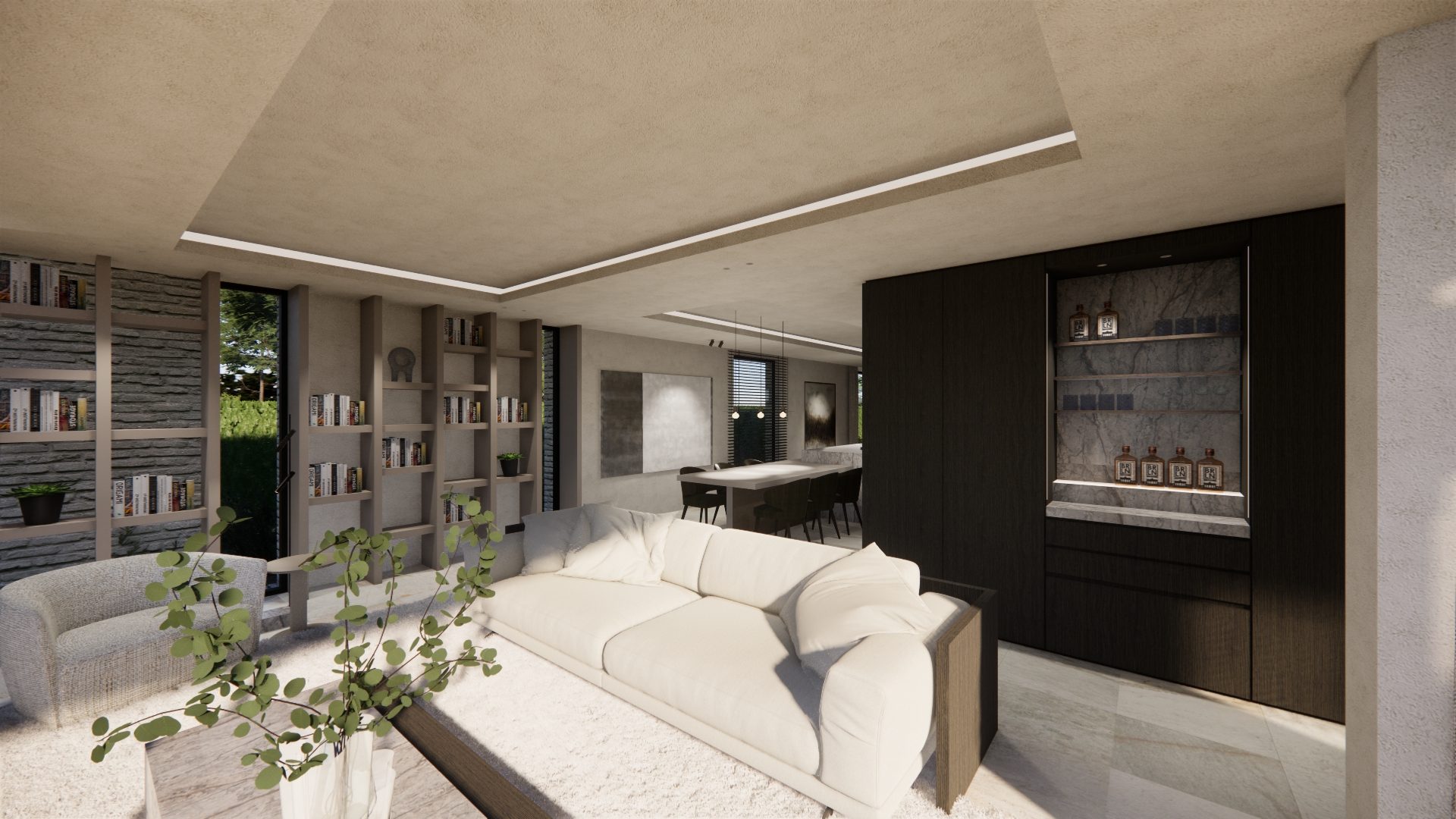 Interieurarchitect België inrichting limburg woning render zithoek woonkamer